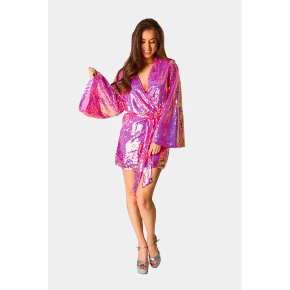 BuddyLove Lynlee Taffy Sequin Wrap Mini Dress S Pink Bell Sleeve Barbiecore